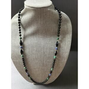 Vintage Gemstone Beaded Long Necklace Bead Onyx Malachite 36” Strand Classic